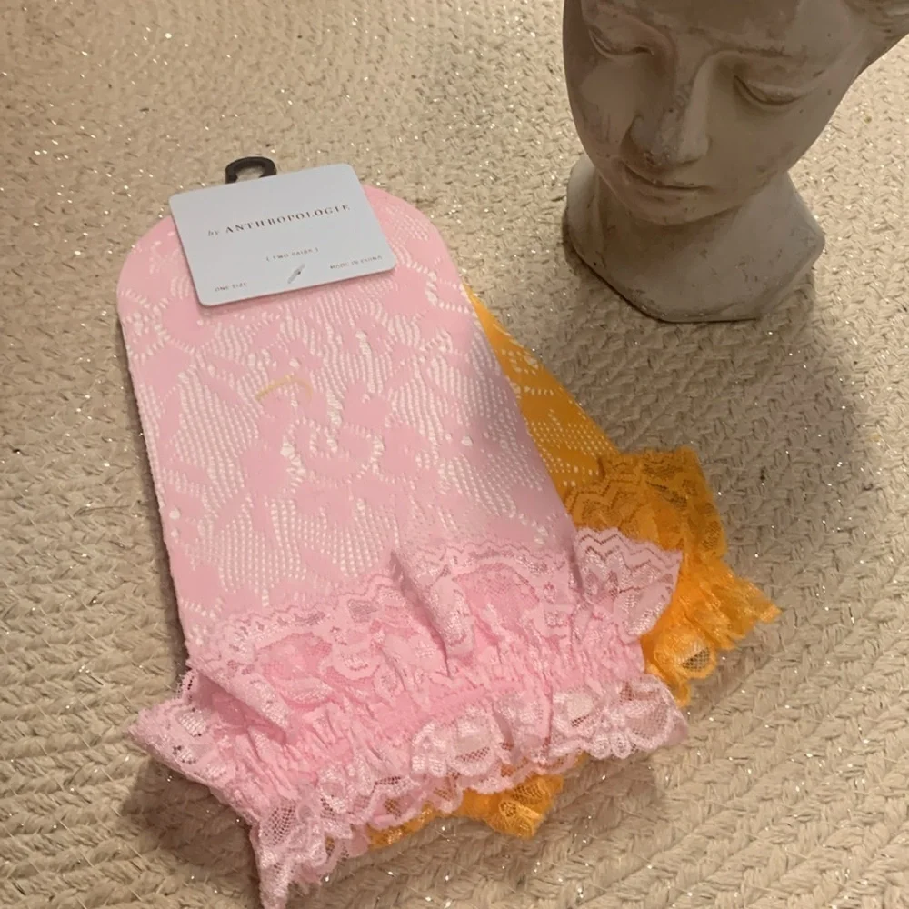 Anthropologie set of 2 pink orange lace ruffle socks new with tags